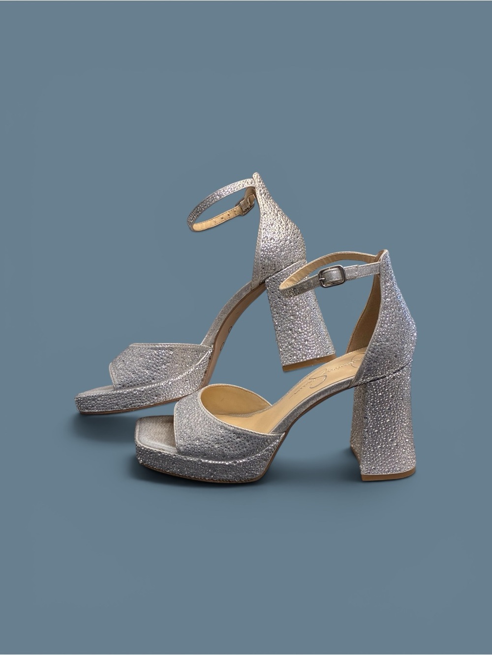 Jessica Simpson Silver Glitter Platform Block Heel Sandals